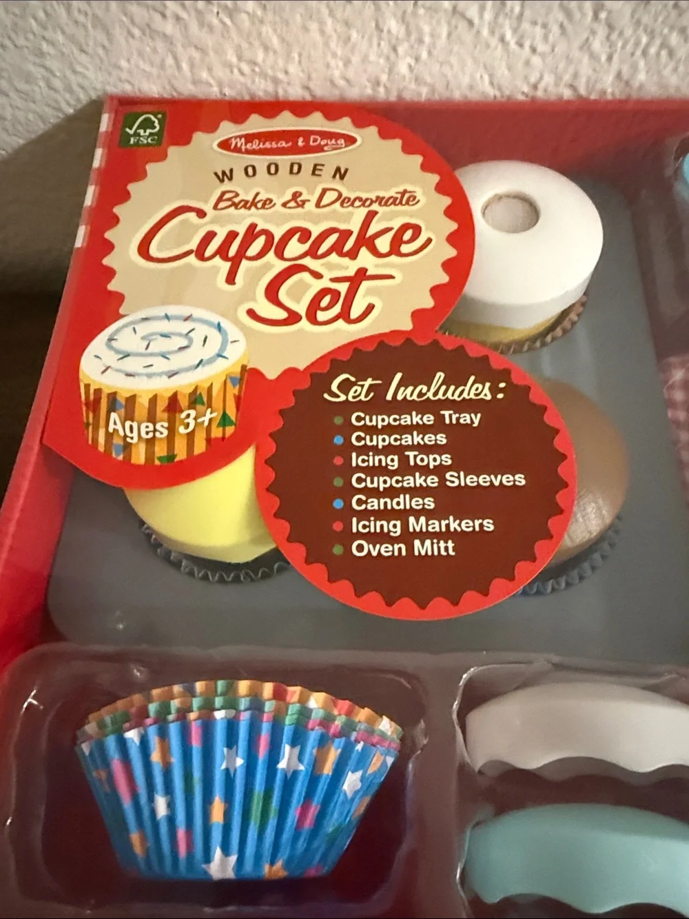 Melissa & Doug Wooden Bake & Decorate Cupcake Set - Red/Multicolor